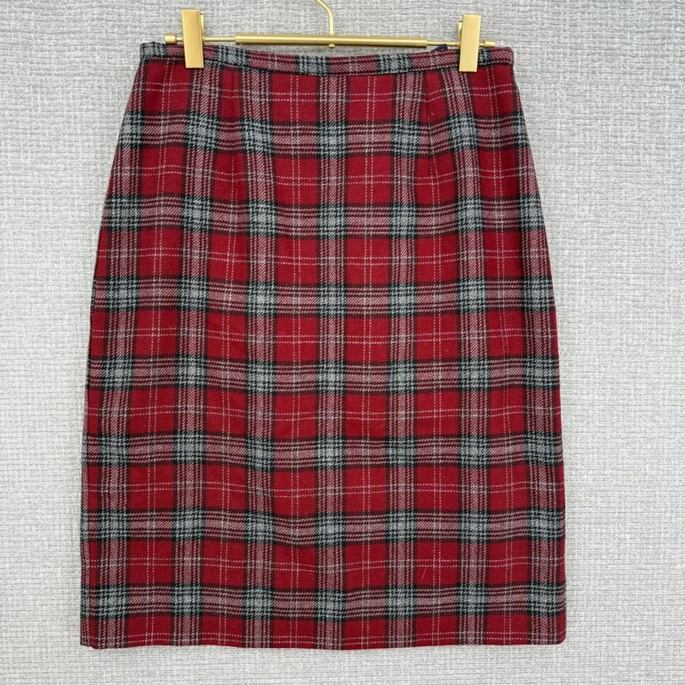Hillard & Hanson Red Plaid Wool‎ Blend Pencil Skirt Vintage Made in USA Size 6